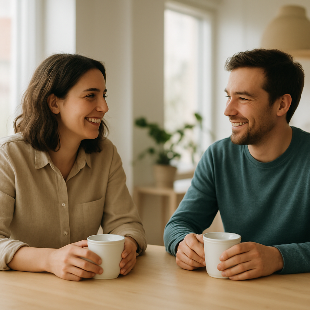 Two colleagues talking over coffee in a bright office